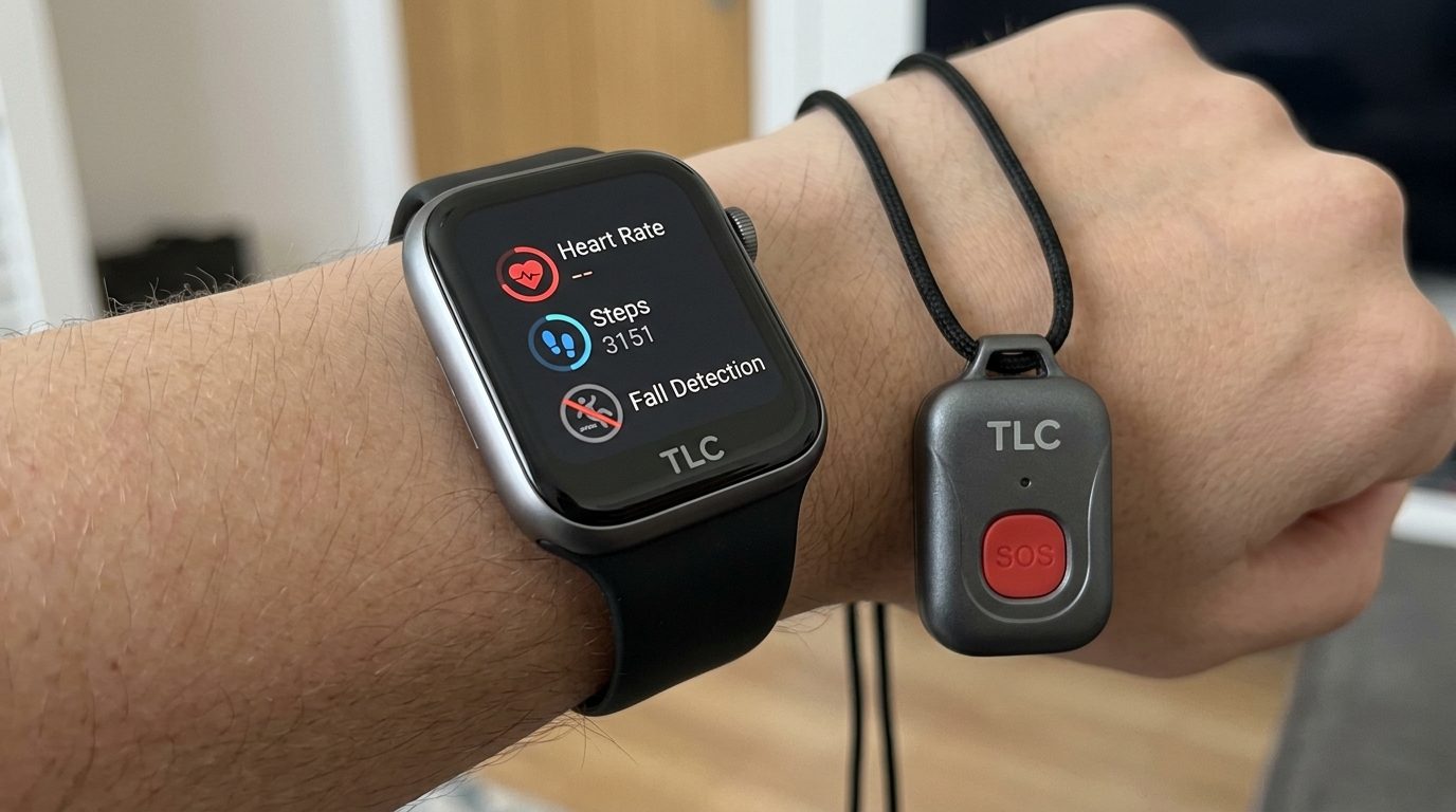 A TLC smartwatch on a wrist showing heart rate, steps and fall detection, next to a TLC SOS pendant
